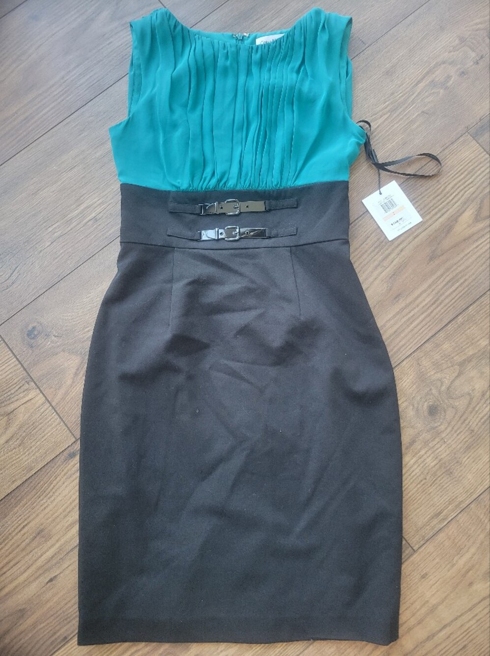 CALVIN KLEIN Womens Black & Teal Sleeveless Career Dress with Double Belt Sz 2